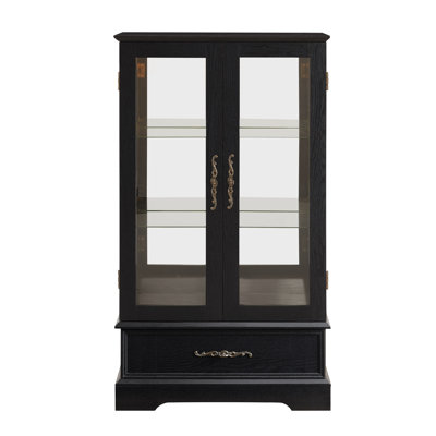 Élégante vitrine vitrée lumineuse avec tablettes réglables, 2 portes, 1 tiroir et ampoule, noir