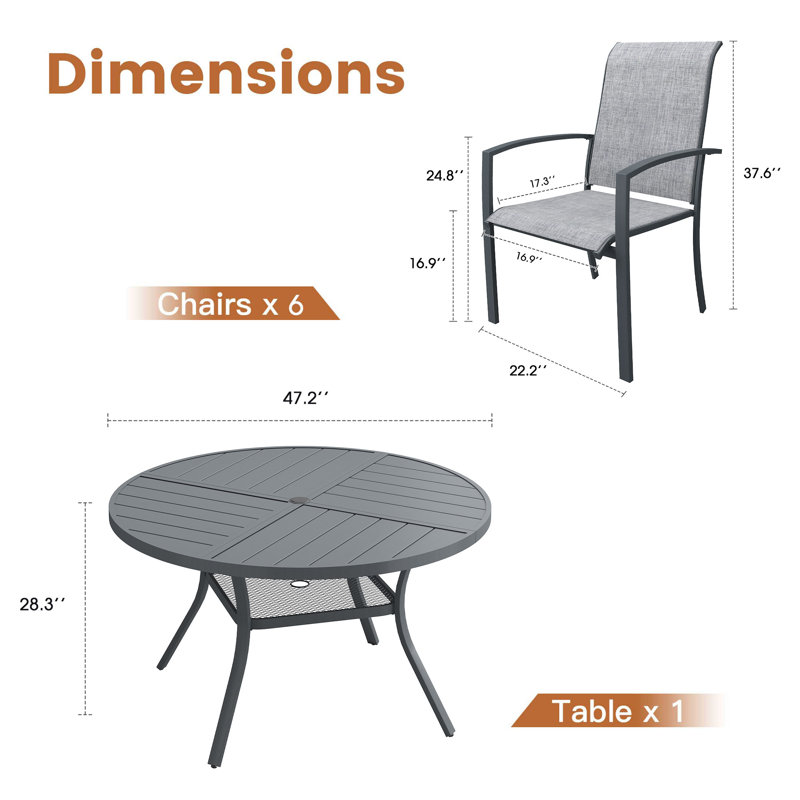 Ensemble repas d'extérieur rond pour 6 personnes 47 "avec chaises empilables Textilene, Gris / Gris