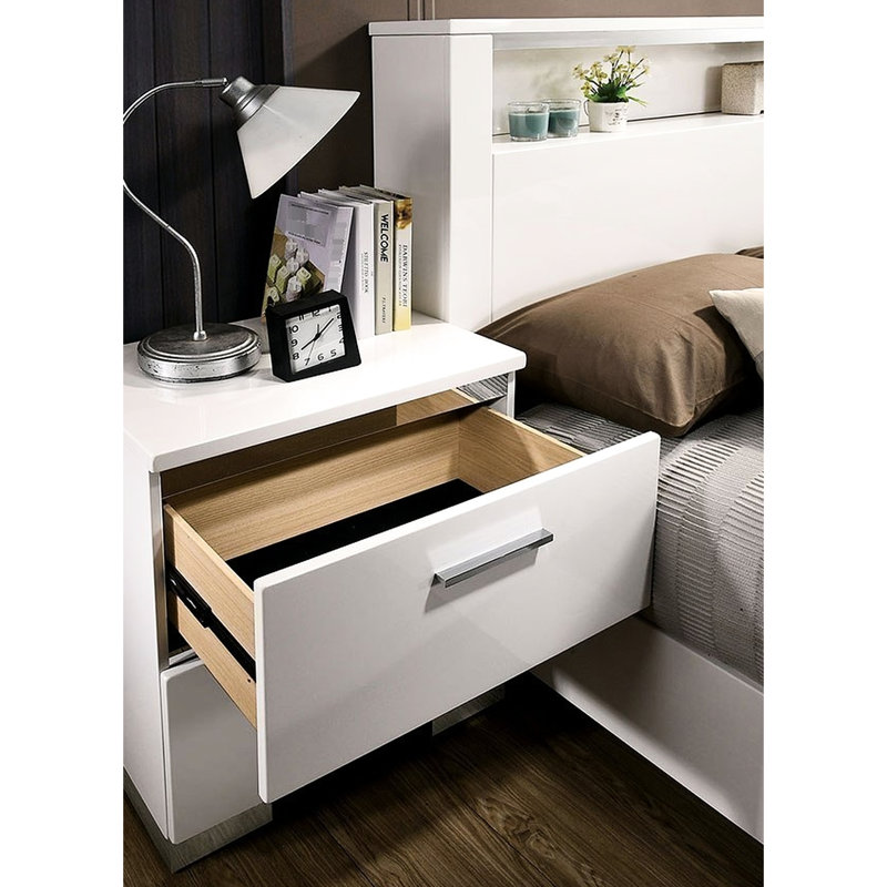Armoire de chevet contemporaine - Laque blanche ultra brillante, poignées et pieds, 2 tiroirs en bois massif pour chambre à coucher avec revêtement laqué