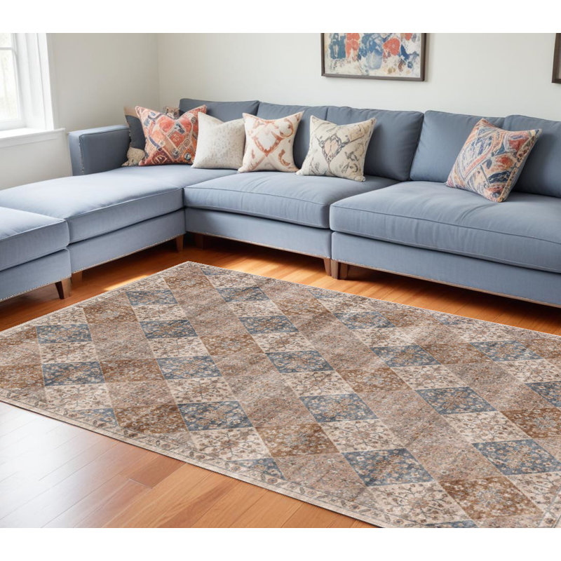 Tapis floral délavé brun et bleu 8 pi x 11 pi