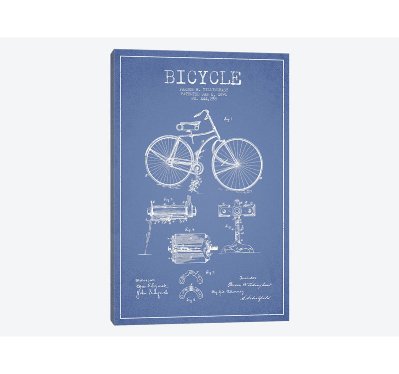 «Pardon W. Tillinghast Vélo Brevet S Croquis», impression sur toile en bleu clair, H 26 po x l 18 po x P 1,5 po, Toile tendue