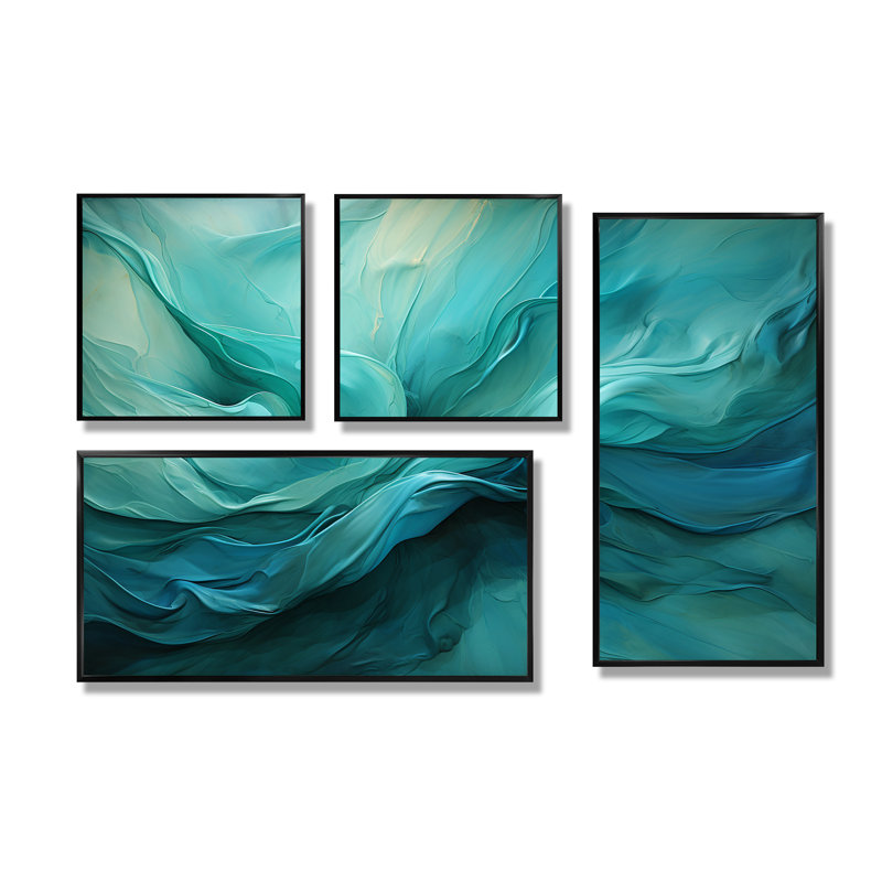 Turquoise Tranquility V - ensemble de 4 reproductions d'art moderne sur toile, Impression encadrée sans passe-partout, Noir
