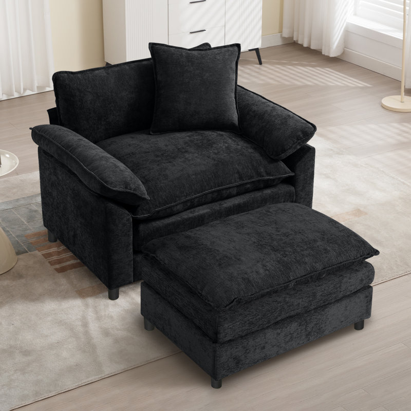 Fauteuil d'appoint surdimensionné en chenille avec repose-pieds, Chenille noir