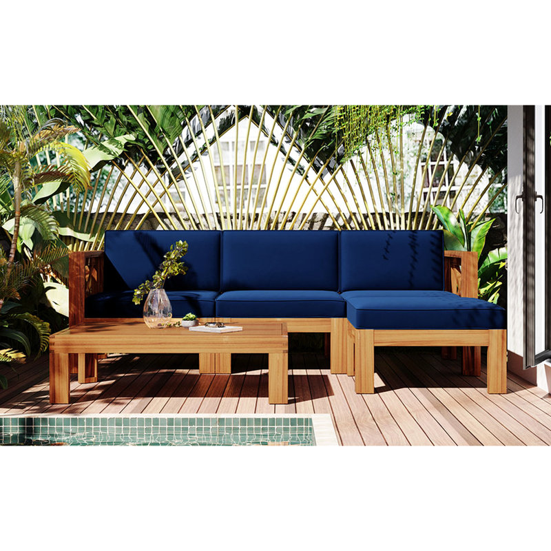 5 Sectional Patio With Cushions - Natural Wood Color, Blue Cushion Covers, Robust Frame, Deck Furniture Outdoor Seating Finish, Decorative Cushions, Strong Poolside