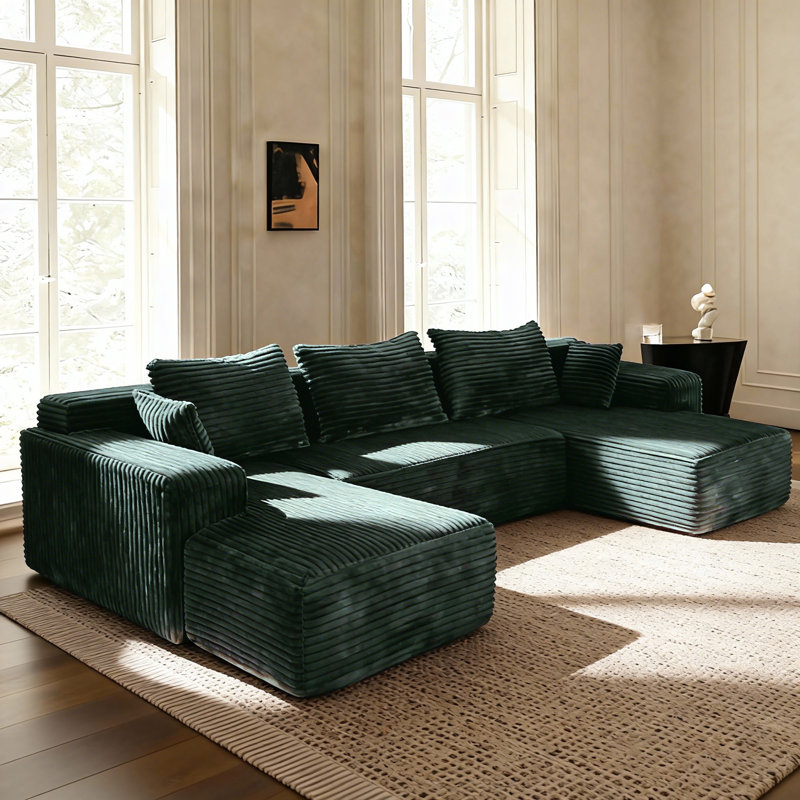 Ensemble de canapé modulaire en U 3 pièces avec coussins - Canapé convertible en velours côtelé pour le salon, Vert