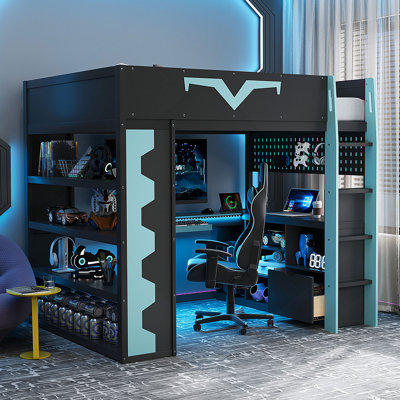 Full Size Gaming Loft Bed With Integrated Desk & RGB LED Lights, Pro-Gamer Bed With Power Outlet, Large Bookshelf, Pegboard, Keyboard Tray & Storage Drawer, 3 Colors Available, Green