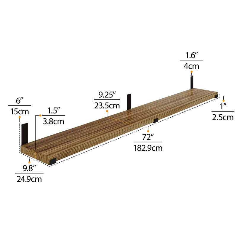 Tablette flottante en bois Ilkan Paulownia, H 6 po x l 72 po x P 9,9 po