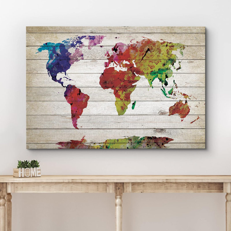 «World Map», très grande aquarelle, effet de bois coloré, impression sur toile, H 16 po x l 24 po x P 1,5 po