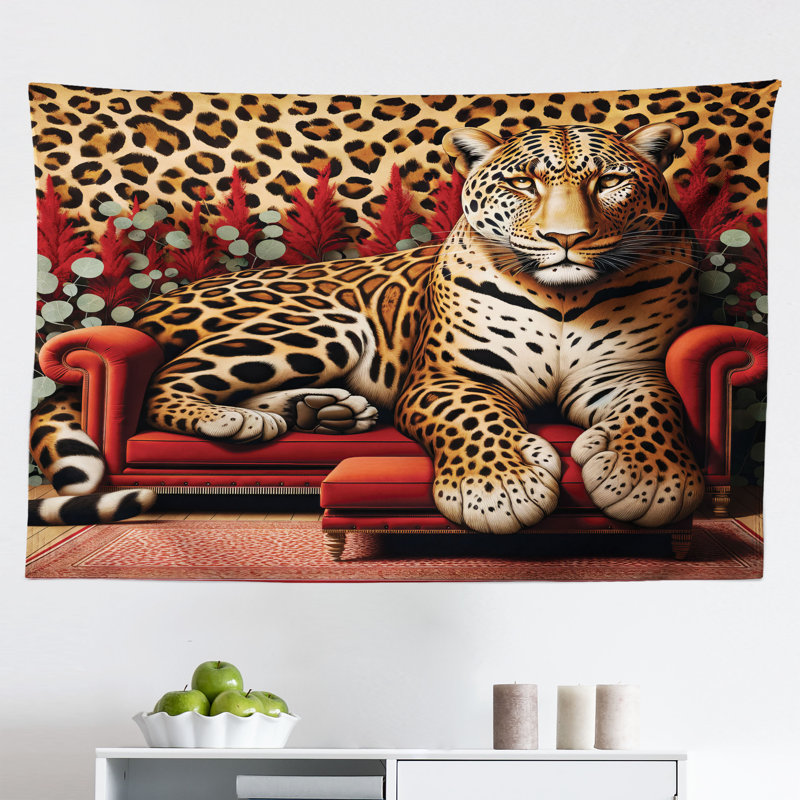 Ebern Designs Leopard Wall Hanging Tapestry Big Cat on Sectional Sofa Red Apricot Dark Salmon, H 30 po x l 45 po