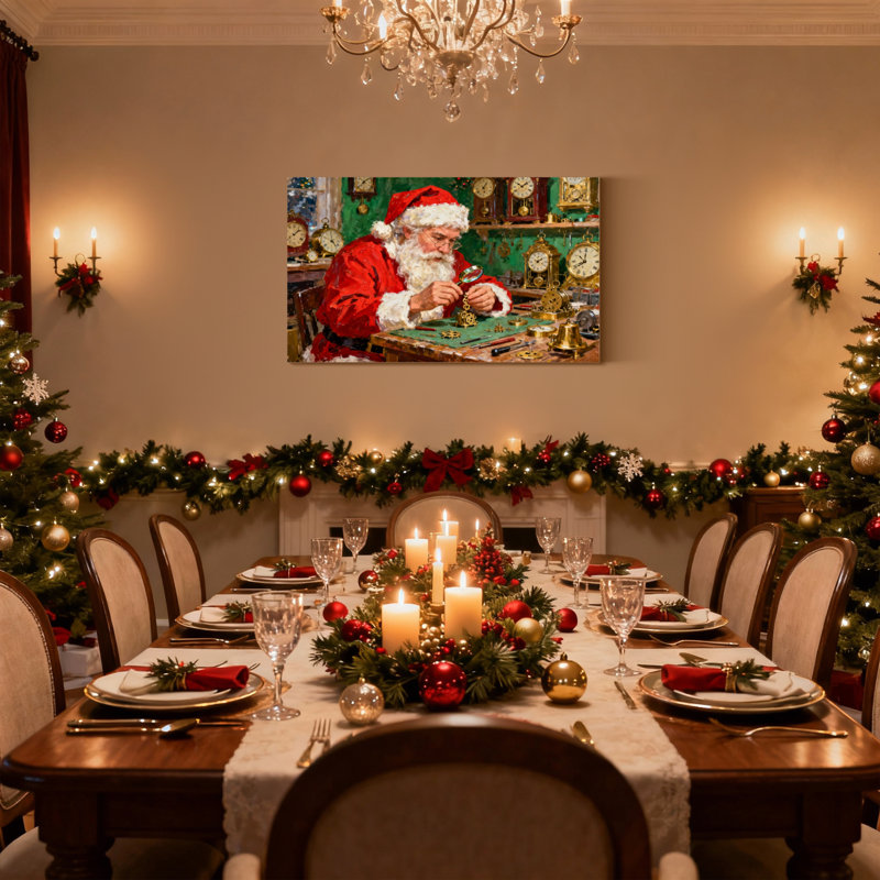 Horloges de Noël de père Noël dans une scène d'atelier, ensemble de 3 impressions sur toile, H 20 po x l 30 po