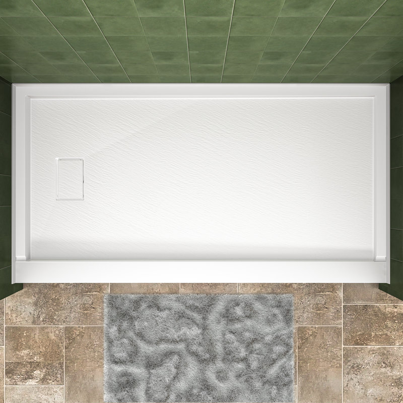  60" W x 32" D Solid Surface Single Threshold Shower Pan Base with Drain Cover Included, Textured Surface Slip-Resistant Shower Base Pan, White, Left Drain