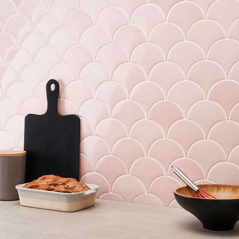 Highwater 5" Fish Scale Polished Ceramic Tile, Rose Pink