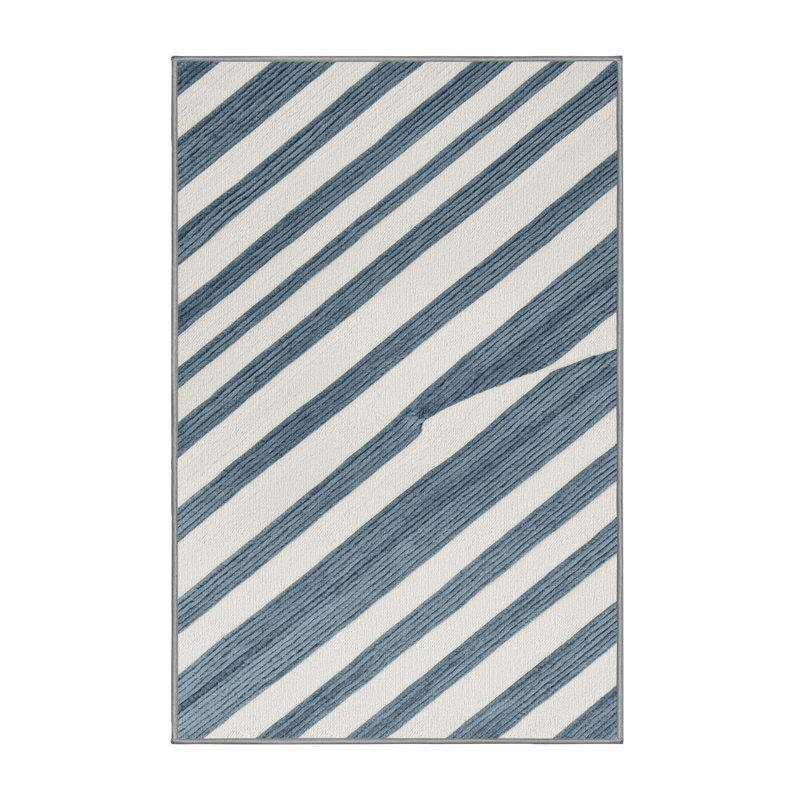  Washable Pale Blue White Striped Area Rug, Rectangle 6' x 9'