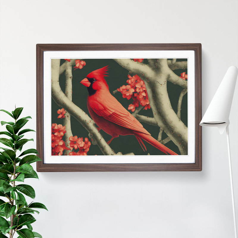 Cardinal Bird Vol.14 - Single Picture Frame Print, 25cm H x 34cm W x 2cm D, Walnut Framed