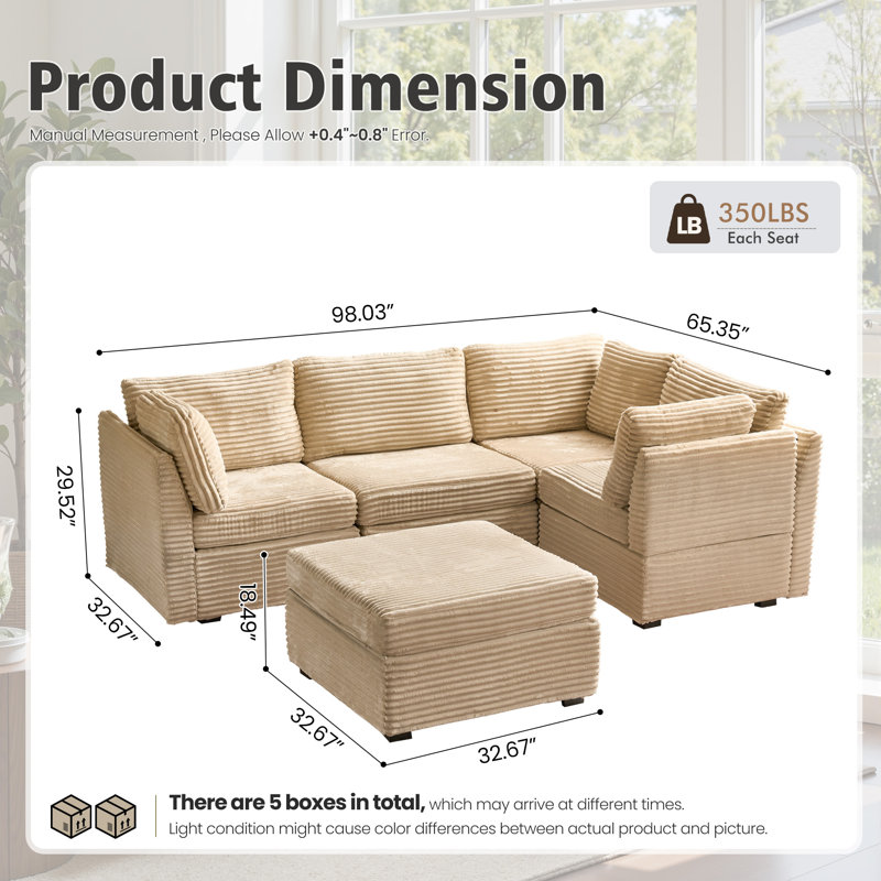 5-Piece Upholstered Corduroy Sectional, Beige Corduroy