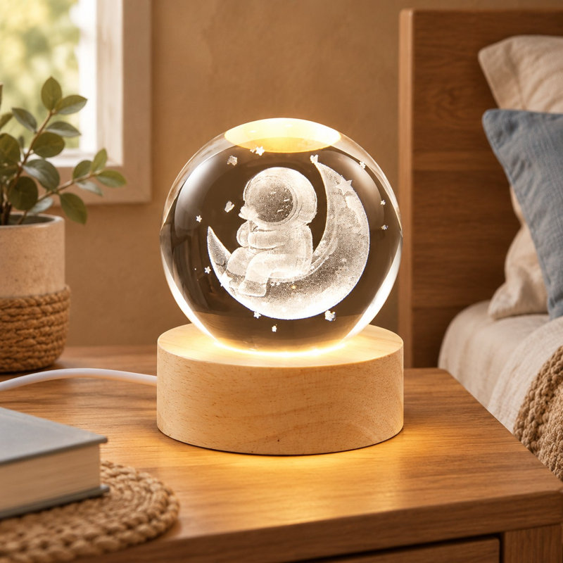 A moon motif fills this 3D crystal orb light on a wooden stand, paired with an adjustable LED; at 6cm / 2.4”, it works as a bedside, desk, or bedroom accent and birthday present for children, teens, and grown-ups.