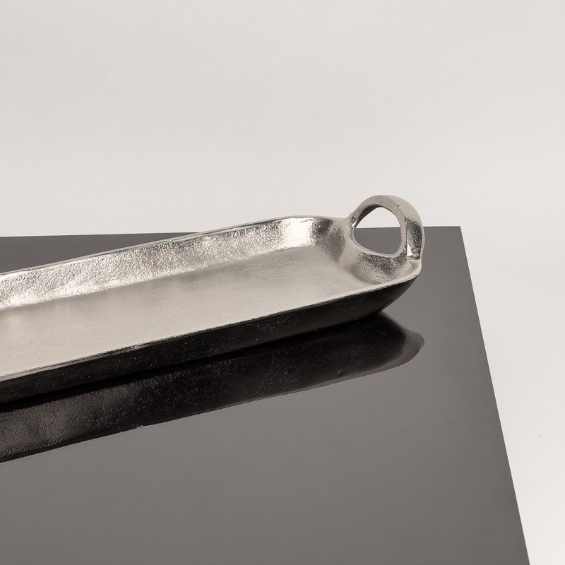 Long Silver Aluminum Serving Tray with Handles