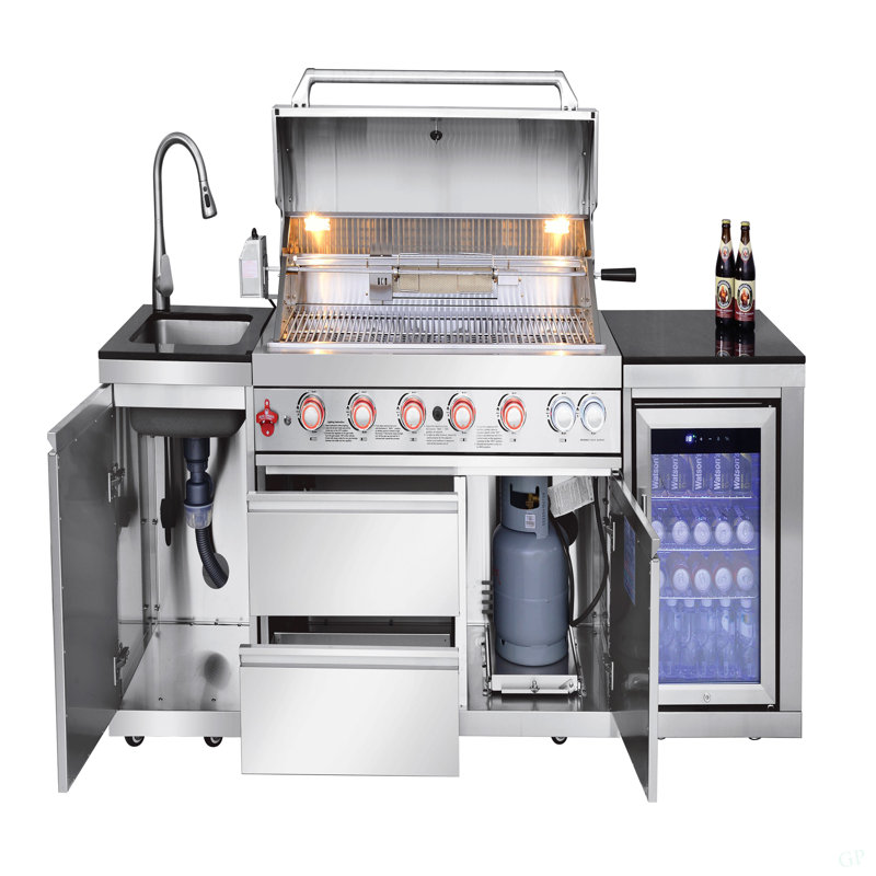 Silver 6-Burner 85000 BTU Deluxe Stainless Steel Gas Outdoor Kitchen Bar Barbecue Island Grill + Stainless Steel Sink With Single Door Storage Cabinet + Wine Cooler Compact Refrigerator