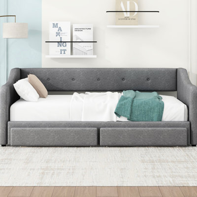 Lit de jour rembourré de taille simple TG à très grand avec 2 tiroirs, gris - Lit élégant et pratique pour le rangement des chambres à coucher