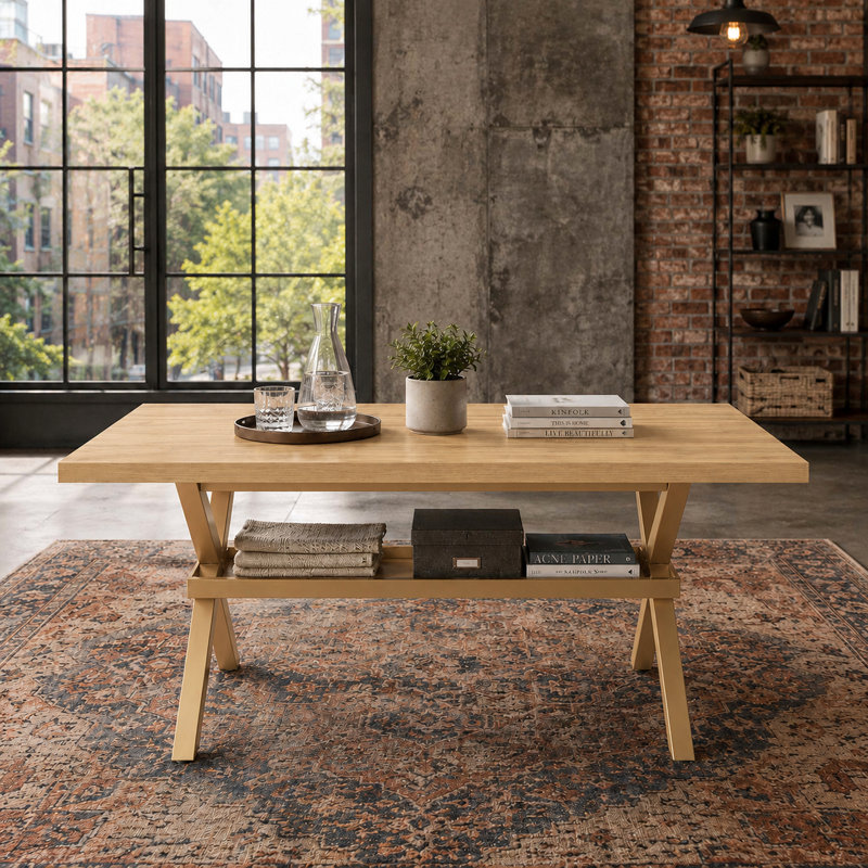 Table de salle à manger industrielle moderne pour 6 à 8 personnes avec plateau en bois aggloméré et base en métal en forme de X pour la salle à manger, la cuisine et le bureau