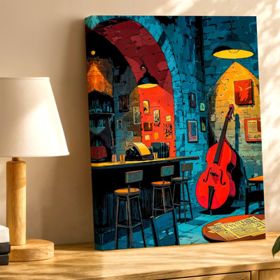Jazz Bar Interior Double Bass Music Club Canvas Wall Art Print, Decorative Artwork For Living Room Bedroom Office Hallway Gallery Wall Decor, Gallery Wall Accent, Contemporary Wall Decor