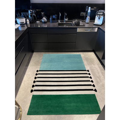 Blue Green Striped Fringed Woven Base Rug