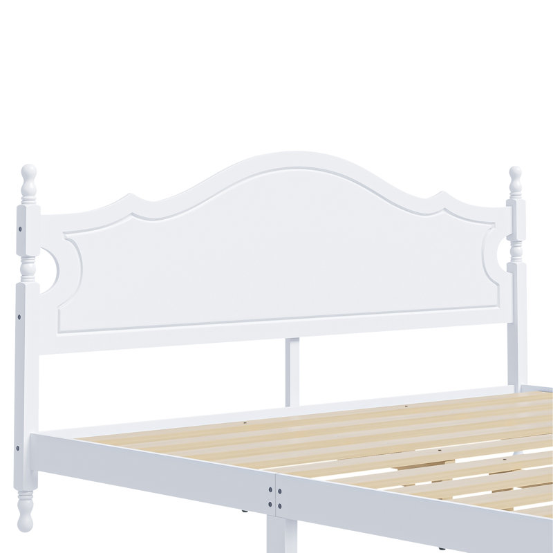 Structure de très grand lit avec tête de lit, lit plateforme en bois de style rétro avec support en lattes de bois, structure de lit très grand sans sommier, assemblage facile, blanc