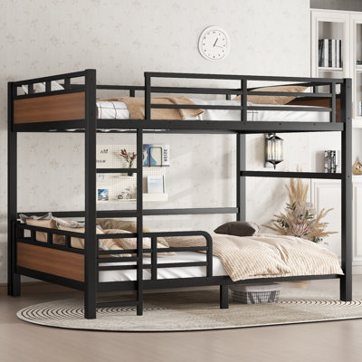 Queen over Queen Metal Bunk Bed with Safety Rail – Convertible Loft & Platform Beds for Kids,Walnut Color