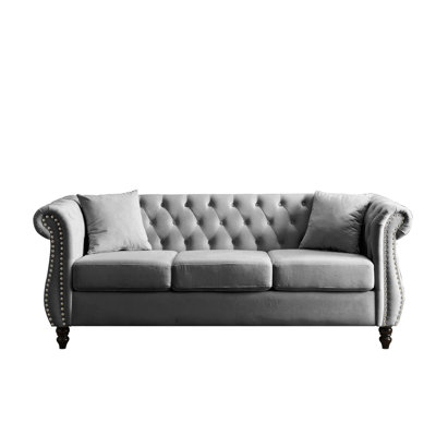 Chesterfield Sofa Velvet for Living Room, 3 Seater Sofa Tufted Couch with Rolled Arms and Nailhead for Living Room, Bedroom, Office, Apartment, two pillows