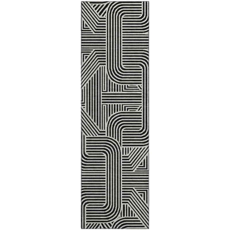 Premium Machine Washable Prisco Black Rug, Runner 2'3" x 7'6"