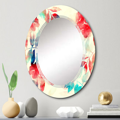 Miroir mural à motif de feuilles rouges et bleues sur fond beige II