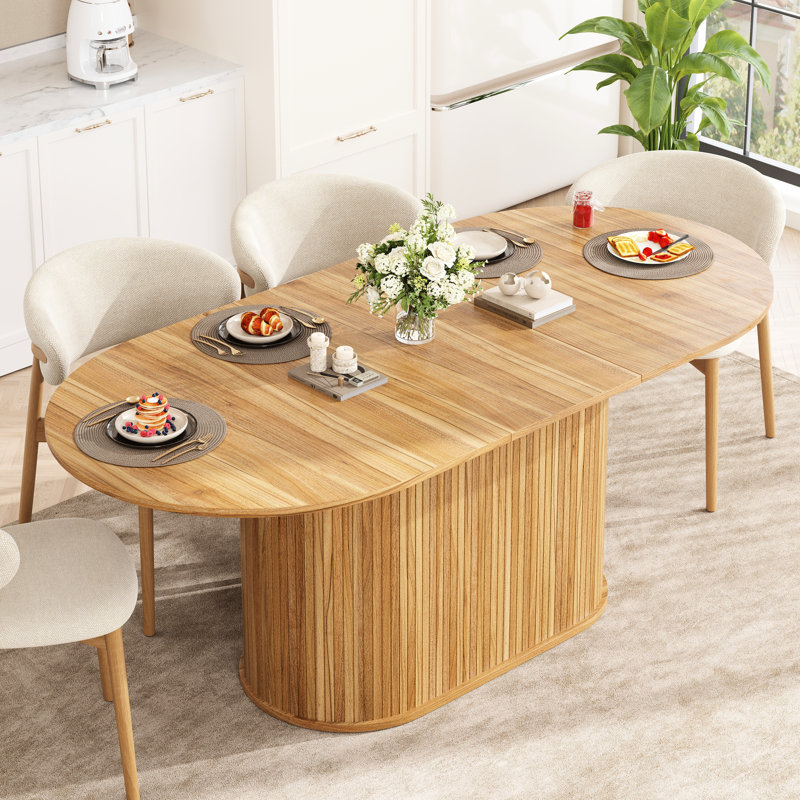 Table de salle à manger extensible réglable de 140 à 181 cm (55,11 à 71,24 po) avec design arqué, couleur naturelle, haute qualité, capacité de 100 kg (220 lb), style contemporain pour salon, peut accueillir de 4 à 6 personnes.