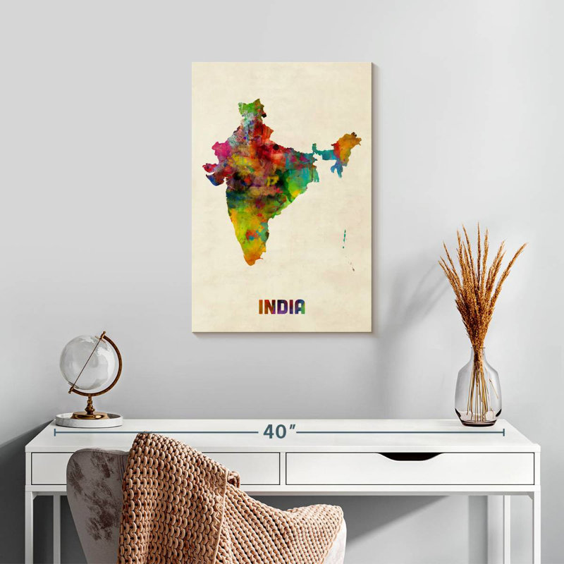 Inde, carte à l'aquarelle I, H 24 po x l 16 po