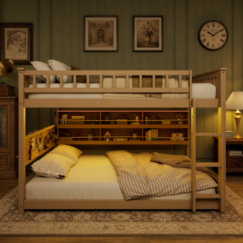 Lit superposé double au-dessus de double avec tablettes intégrées, lumières à changement de couleur et panneau perforé, beige