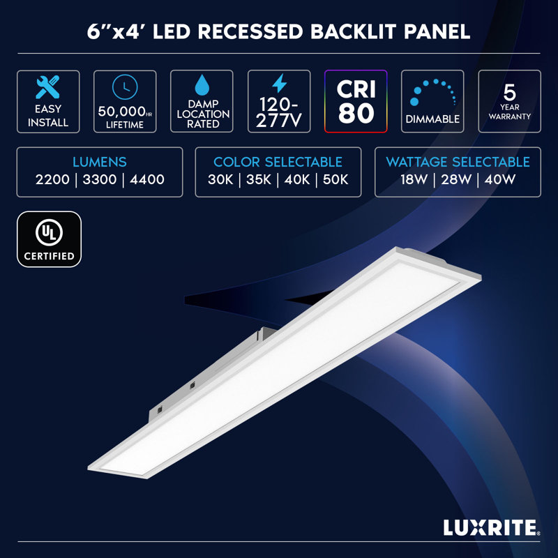 Panneau encastré rétroéclairé à DEL 6 x 4 pi 4CCT 3000K-5000K 18W / 28W / 40W sélectionnable, jusqu'à 4400LM, plafonniers à abat-jour, gradué UL 0-10V, paquet de 2