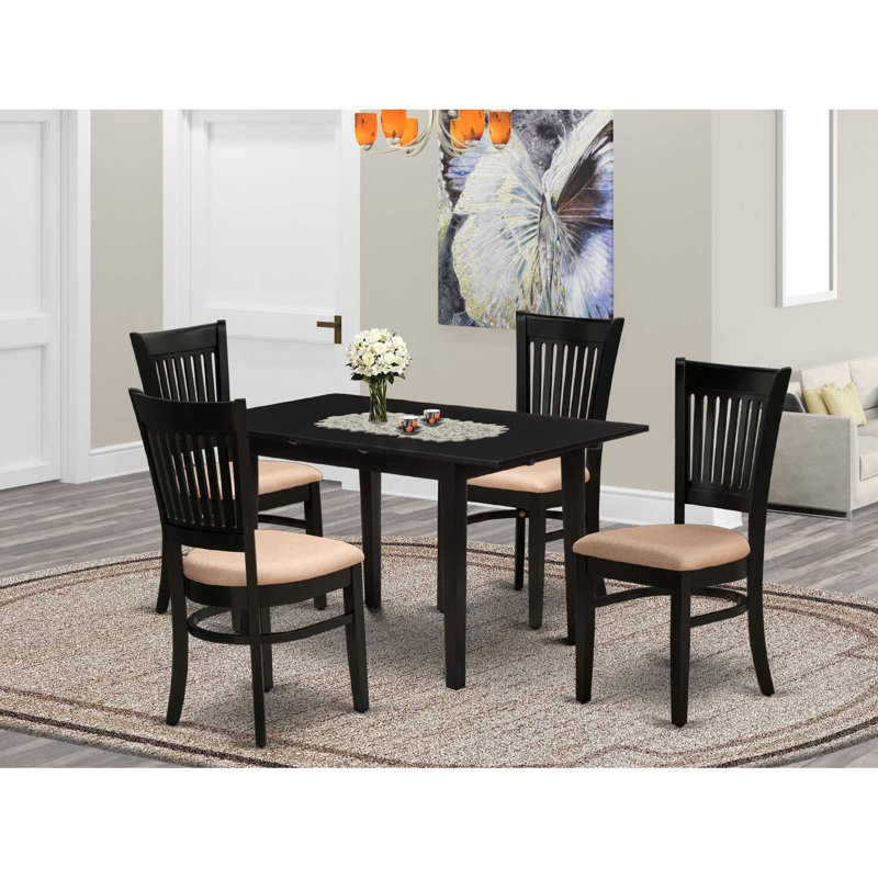 Ensemble de table de salle à manger rectangulaire en bois massif avec plateau papillon, Beige/noir, Noir, noir, noir, noir