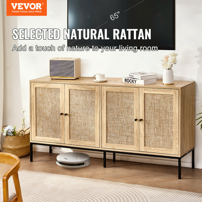 Natural Rattan Cabinet with Adjustable Shelves and Black Legs