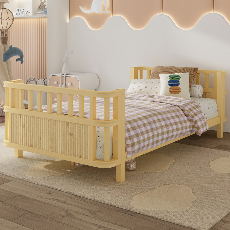 Luma Modern Wooden Platform Bed with Safety Railings, Natural, Twin