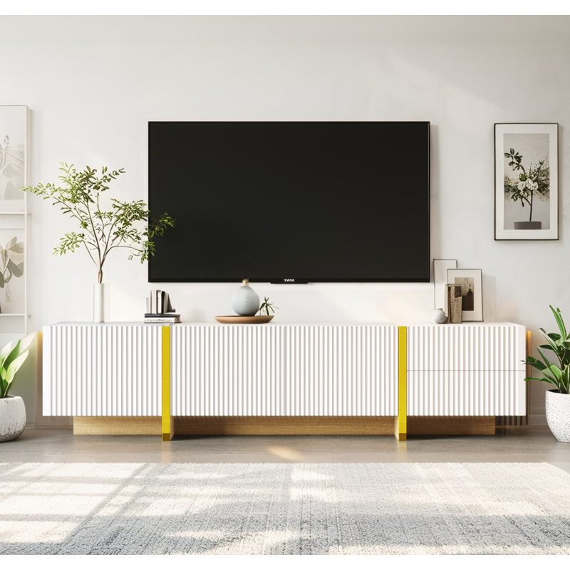 Meuble télé 74,7 po 3 portes 2 tiroirs, Blanc / Doré
