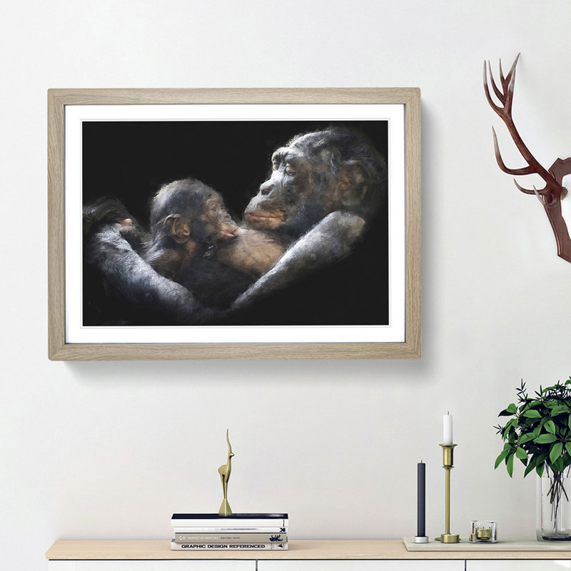 Gorilla Mother & Child - Picture Frame Graphic Art Print, 45cm H x 63cm W x 2cm D, Oak Framed