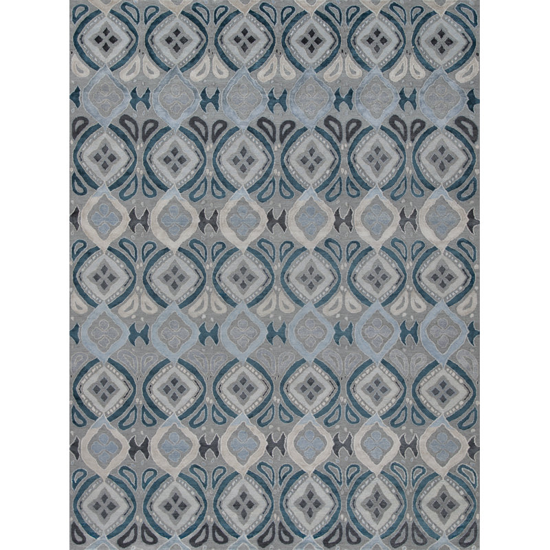 Bali Geometric Area Rug in Platinum/Sky Blue/Teal, Rectangle 9' x 12'