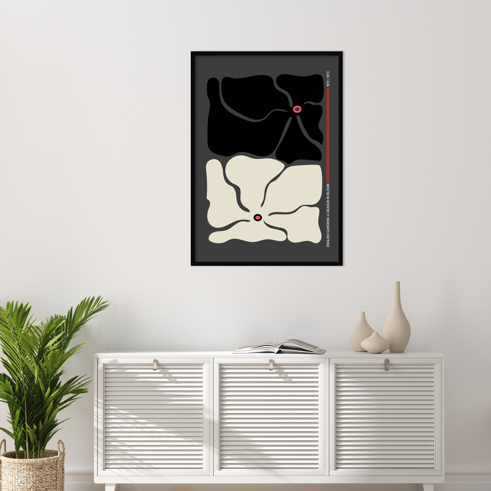 Two by Two Flower Grey Print, Black, 41" H x 29" W x 1" D
