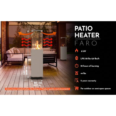 Planika Faro - Portable Patio Heater - 8 KW Gas Propane Fireplace with Cover