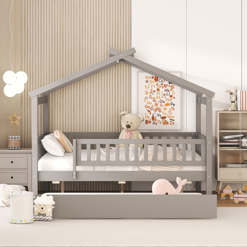 Full Size Wooden House Bed with Twin Trundle, Kids Bed Frame for Children Bedroom, Gray, Gray