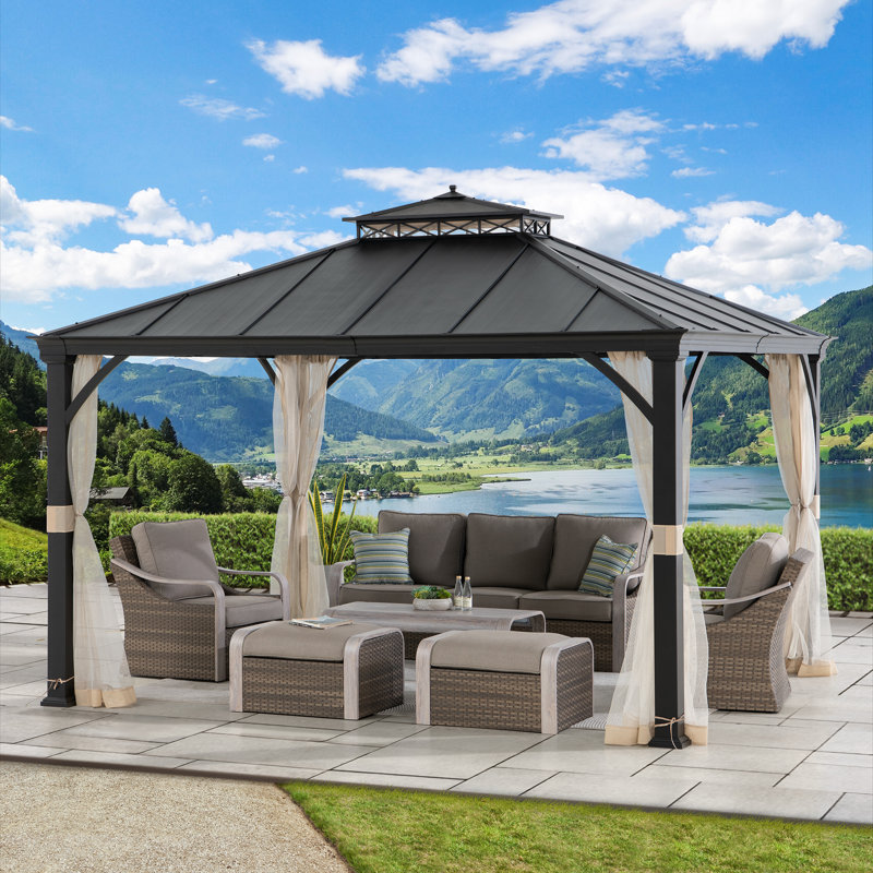 Sunjoy 11 x 13 ft. Outdoor Patio Black Steel Hardtop Gazebo with 2-Tier Metal Roof and Mesh Netting