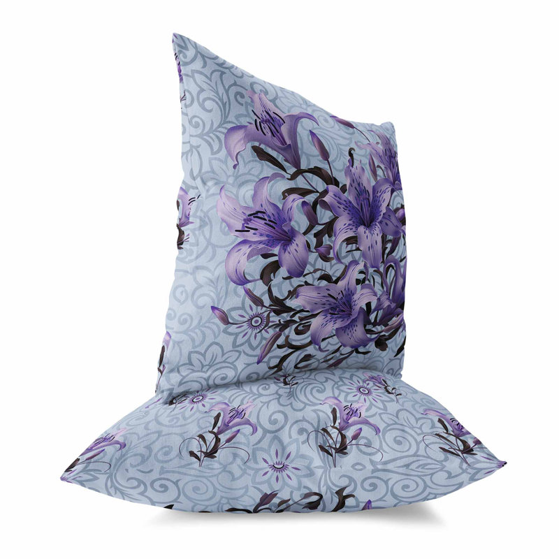 Coussin Enchanted Lily Affair Broadcloth, Bleu / argent / café, H 18 po x l 18 po