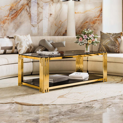 Modern Black Mirror Coffee Table with Asymmetrical Gold Metal Frame and Lower Shelf, 47.5 Inch