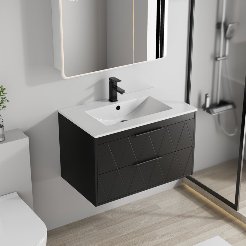 Sharee Wall Mounted Single Bathroom Vanity Set With Sink Top, Zinc Alloy Faucet And Drain, Floating Cabinet With Soft-close Drawers