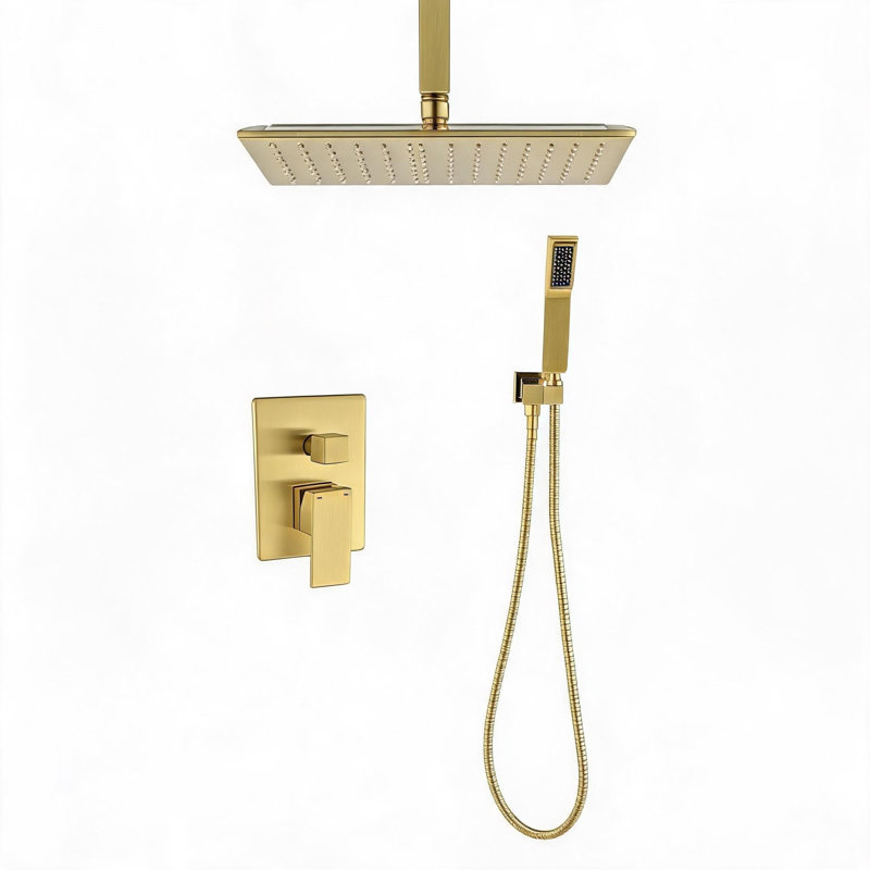 10 inch Gold Brass Ceiling Mounted Shower System Combo Set with Handheld Shower Head