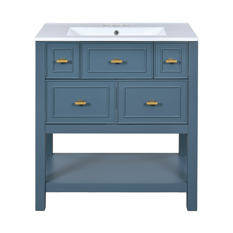 Ensemble de meuble-lavabo simple 30 po avec 5 tiroirs, meuble-lavabo autoportant avec cadre en bois massif 30 po, Bleu